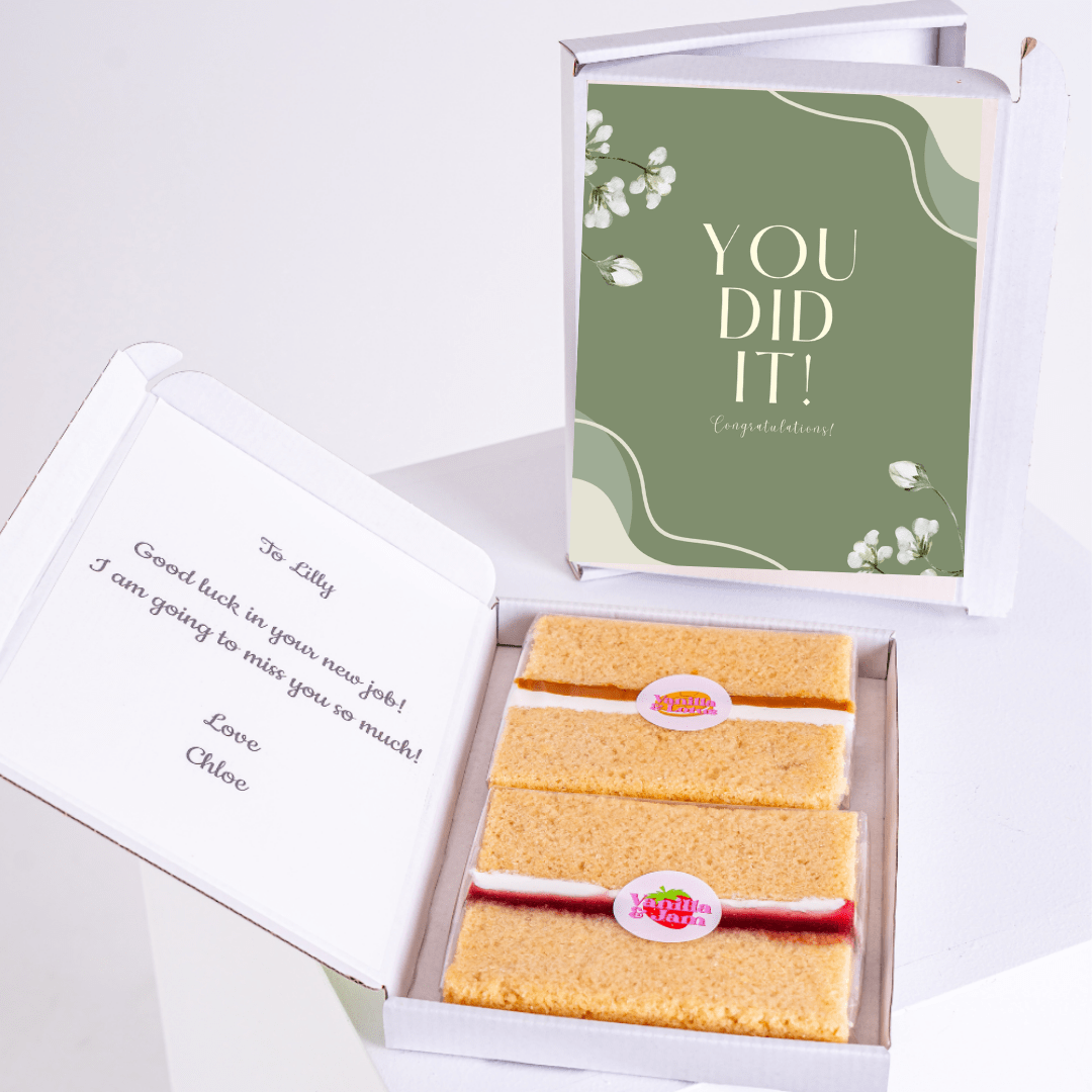 Farewell cake gift box, You Did It! card, and message to Lilly.