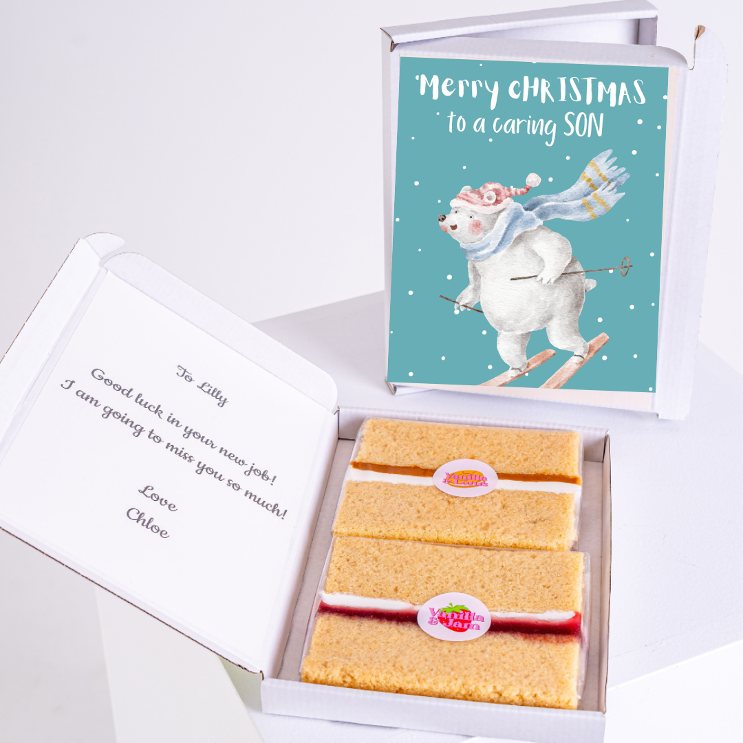Christmas gift box with cake and Merry Christmas to a caring son card