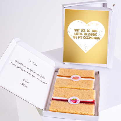 Godmother gift box with cake and card, Say yes to this little blessing.