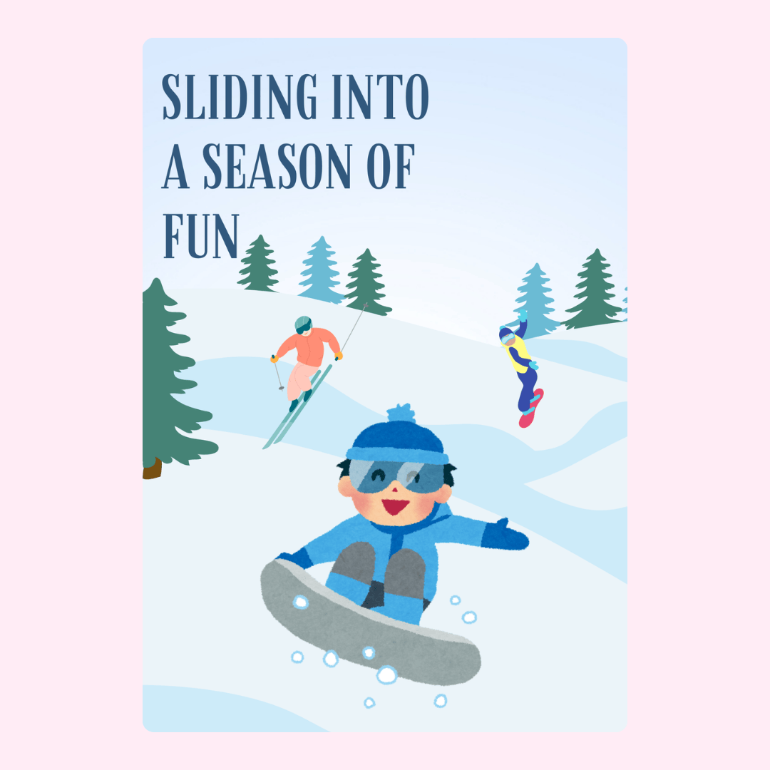 Winter fun season design featuring snowboarder and skiers.