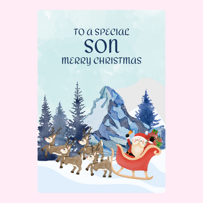 Christmas card for son with Santa and reindeer.