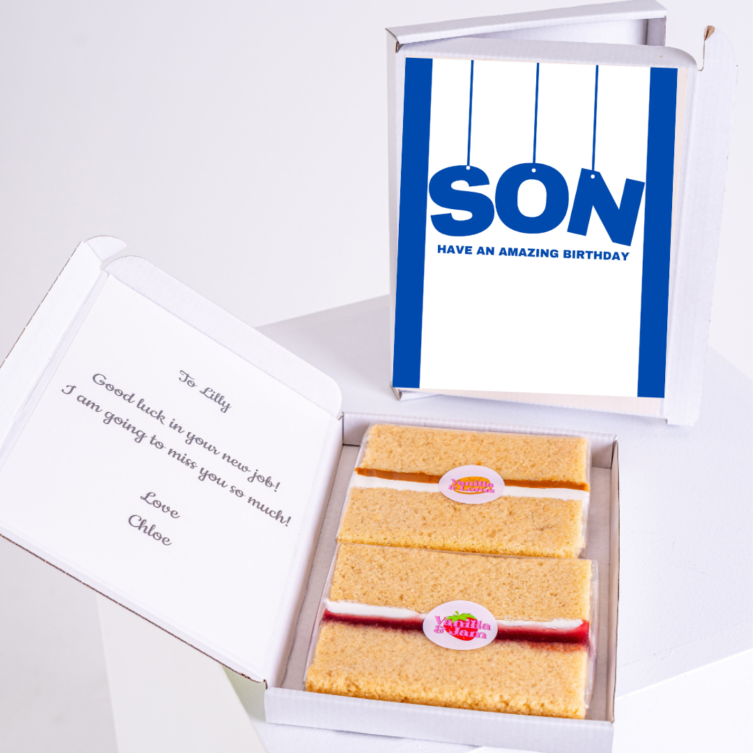 Cake box gift for son, birthday wishes & new job message.
