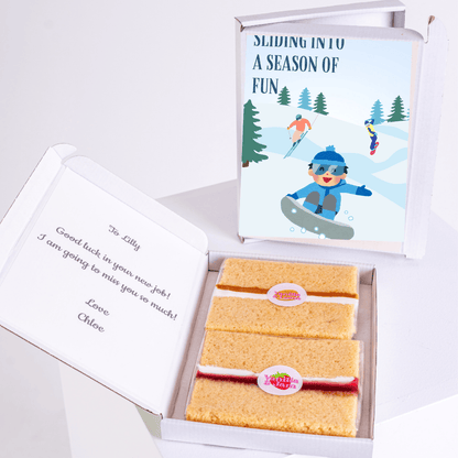 Gift box with cake and Sliding into a season of fun card, for Lilly.