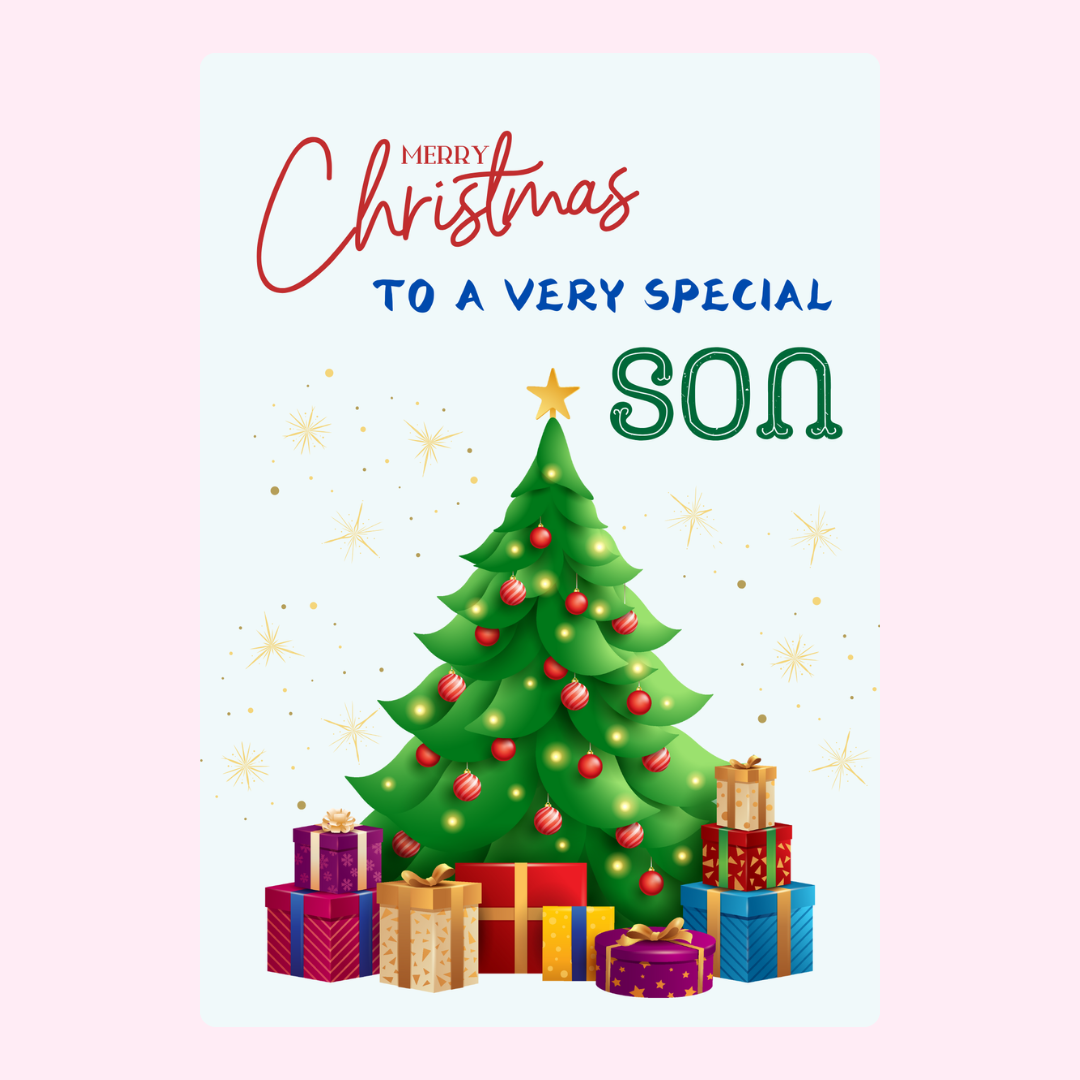 Christmas card for son with tree and gifts
