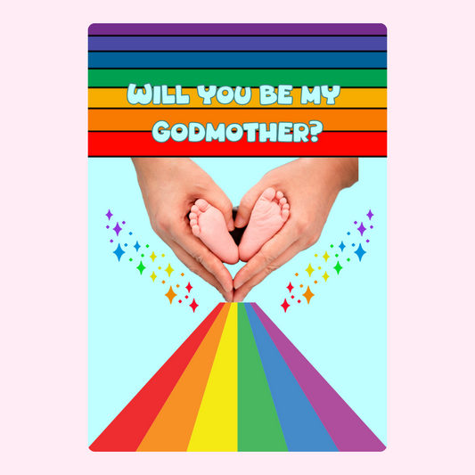 Godmother proposal card with rainbow and baby feet