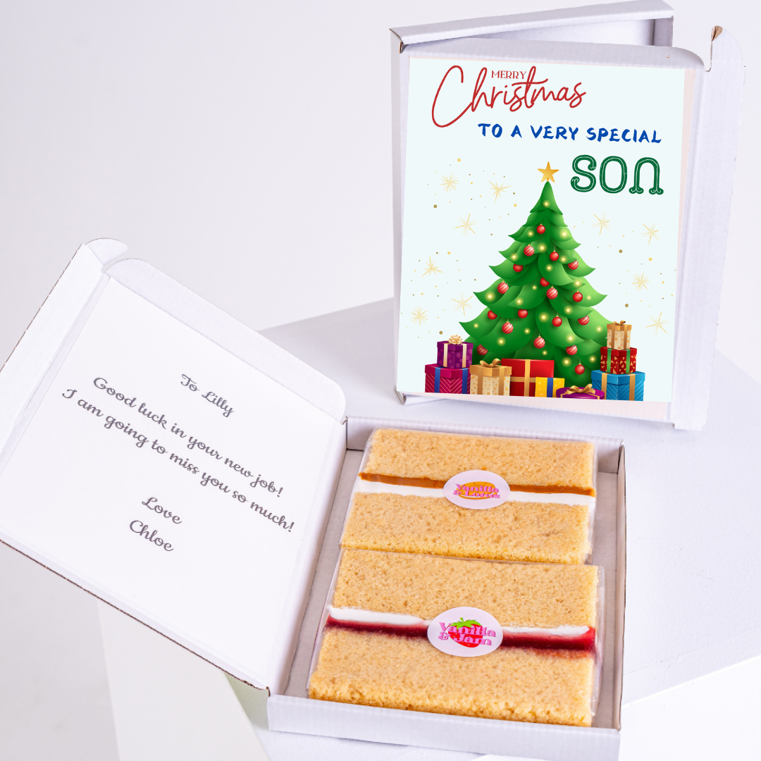 Christmas gift box with cake and card To a very special son