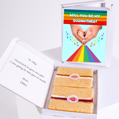 Gift box asking Will you be my Godmother? with cake and note.
