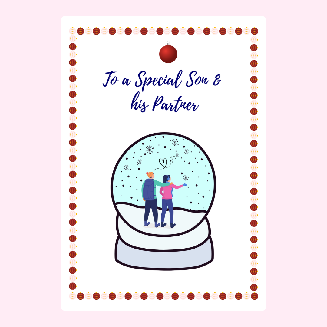 Christmas card for son and partner with snow globe illustration.