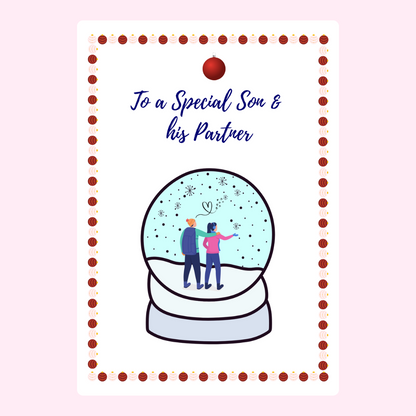 Christmas card for son and partner with snow globe illustration.