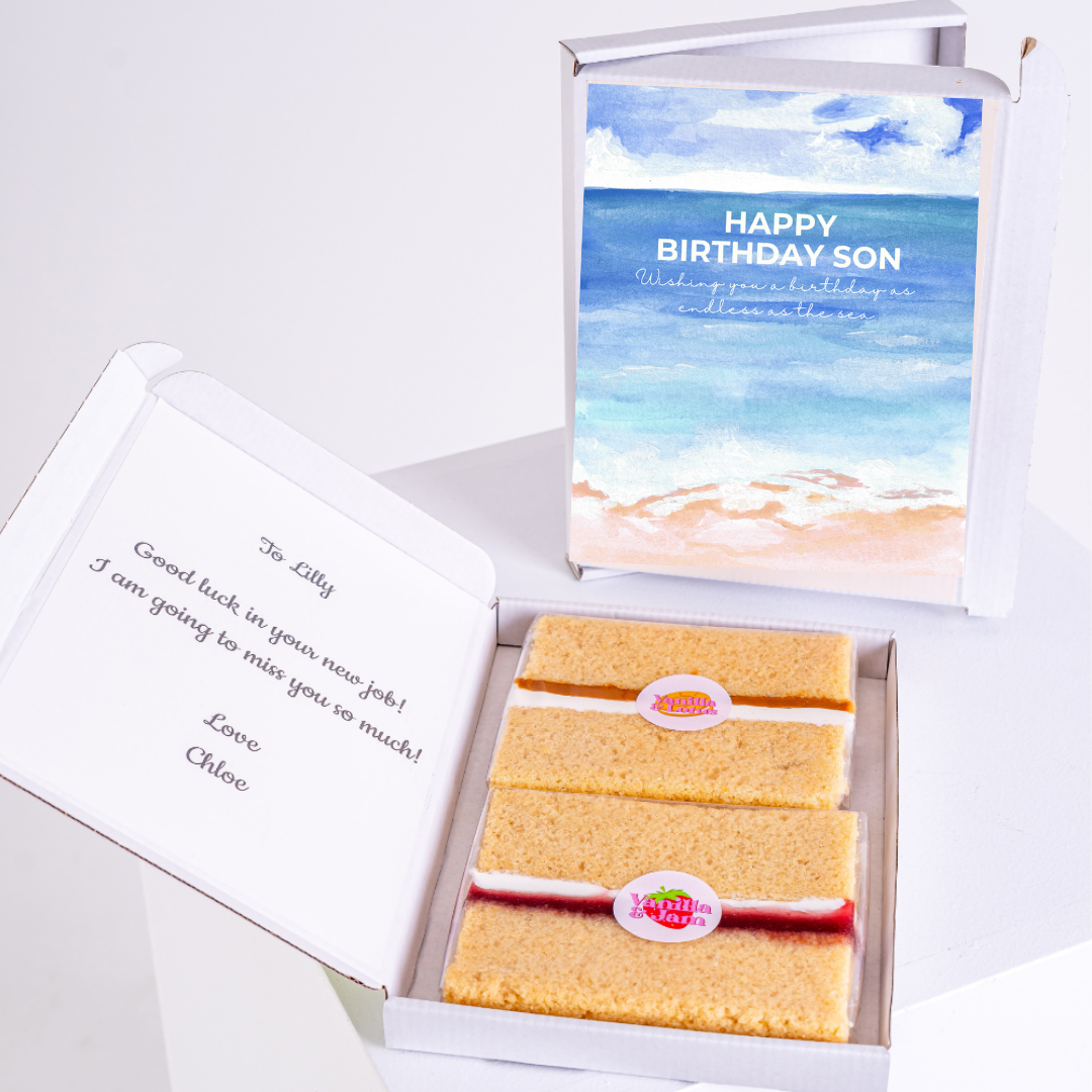 Birthday cake gift box for son, with message and well wishes.