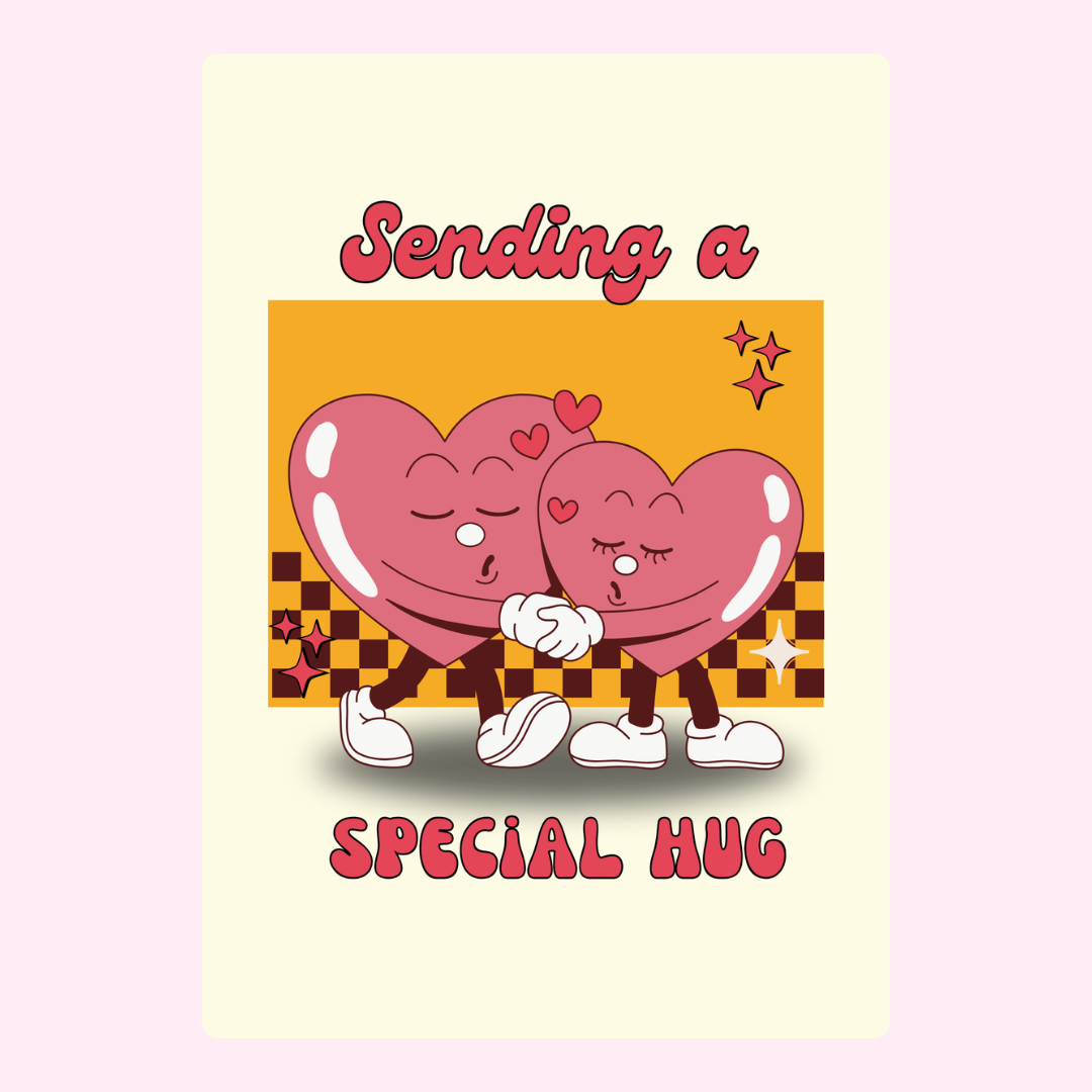 Retro Sending a Special Hug card design with hearts.