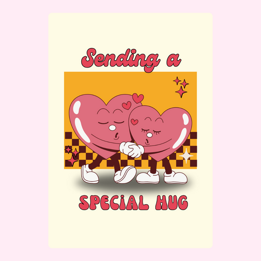 Retro Sending a Special Hug card design with hearts.