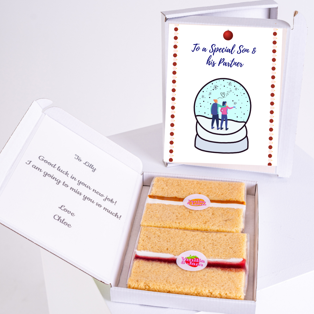 Gift box with cake and To a Special Son card, farewell gift for Lilly.