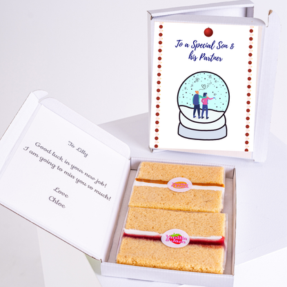 Gift box with cake and To a Special Son card, farewell gift for Lilly.