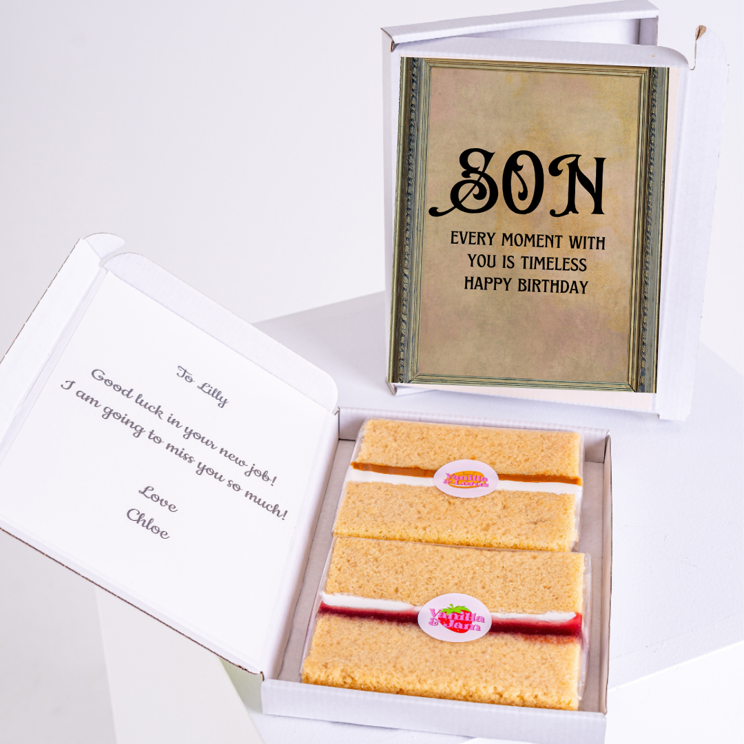 Birthday cake gift for son, with card and message.