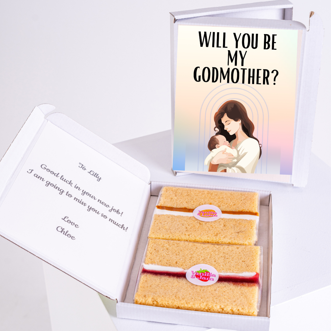 Godmother proposal gift box with cake and message for Lilly.