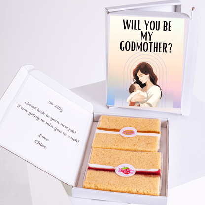 Godmother proposal gift box with cake and message for Lilly.