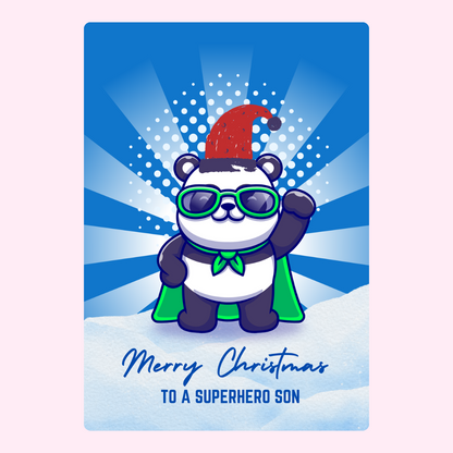 Superhero panda with Merry Christmas message