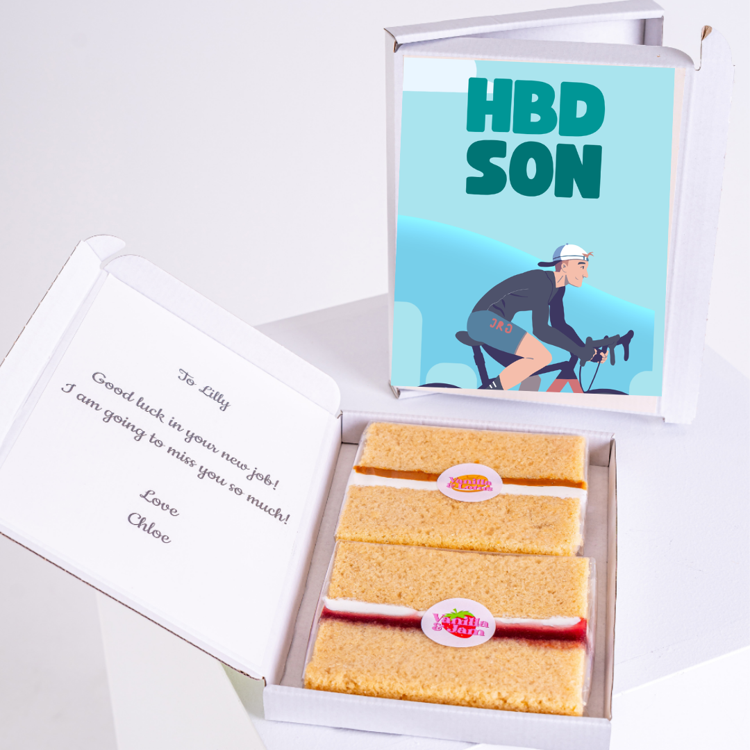 Birthday gift box for son with cake and card.