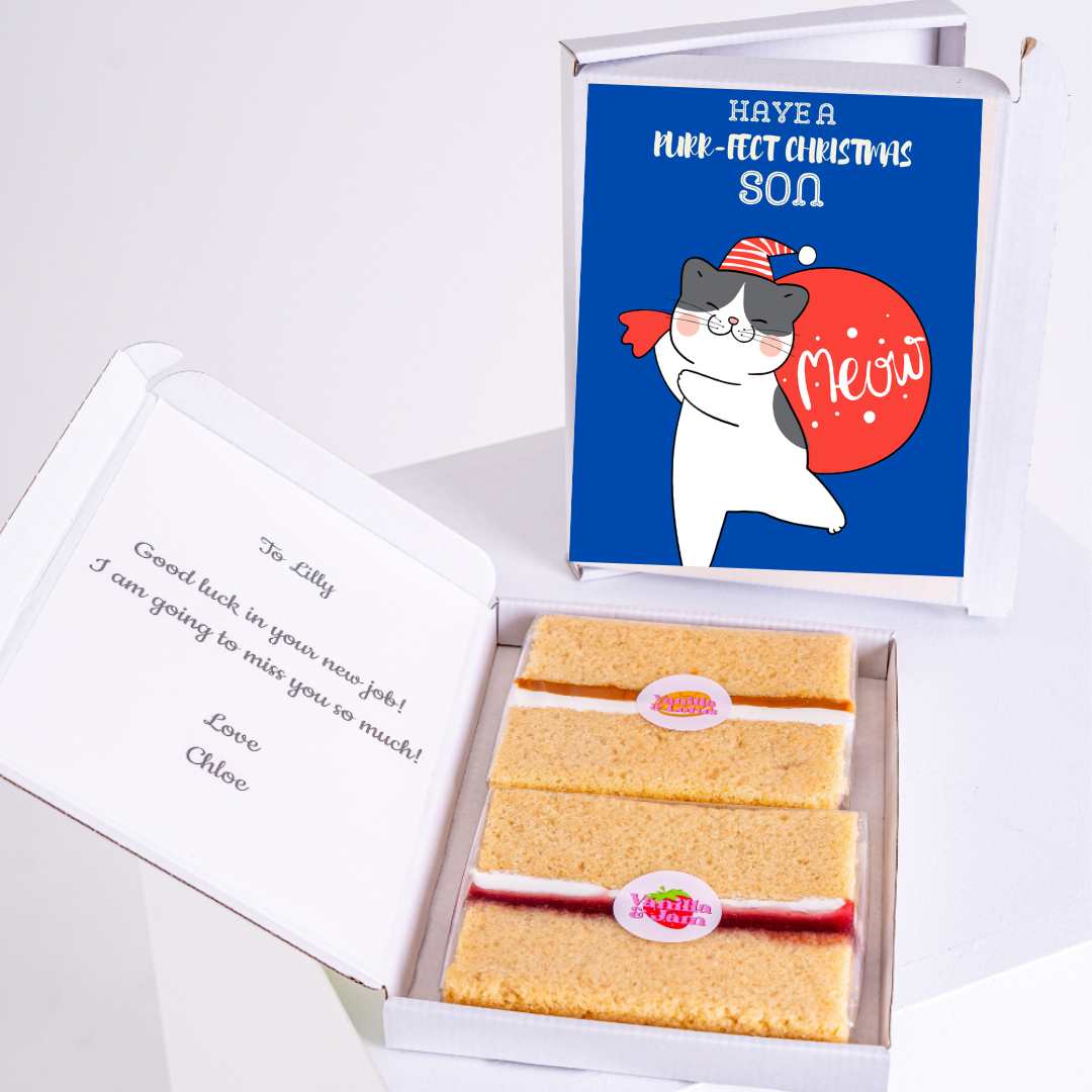 Gift box with cake, card saying Have a Purr-fect Christmas Son