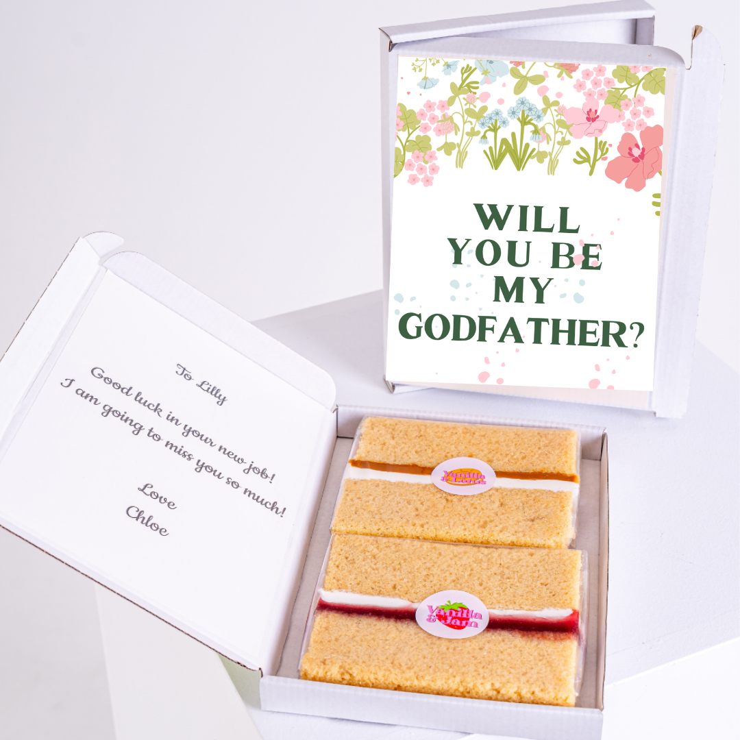 Cake box with Will You Be My Godfather? card, gift for Lilly.