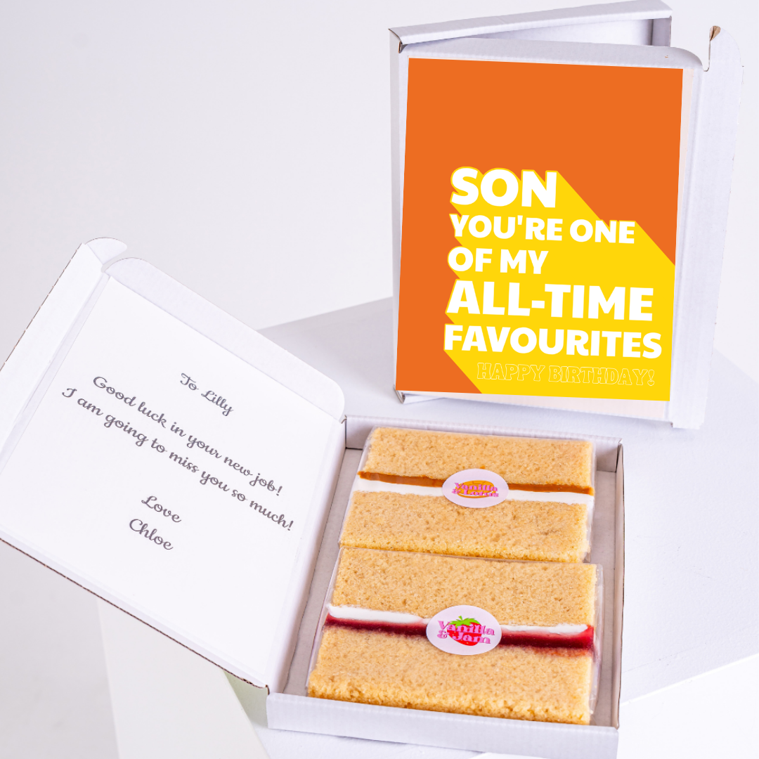 Cake gift box with message and 'Son You're One of My All-Time Favourites' card