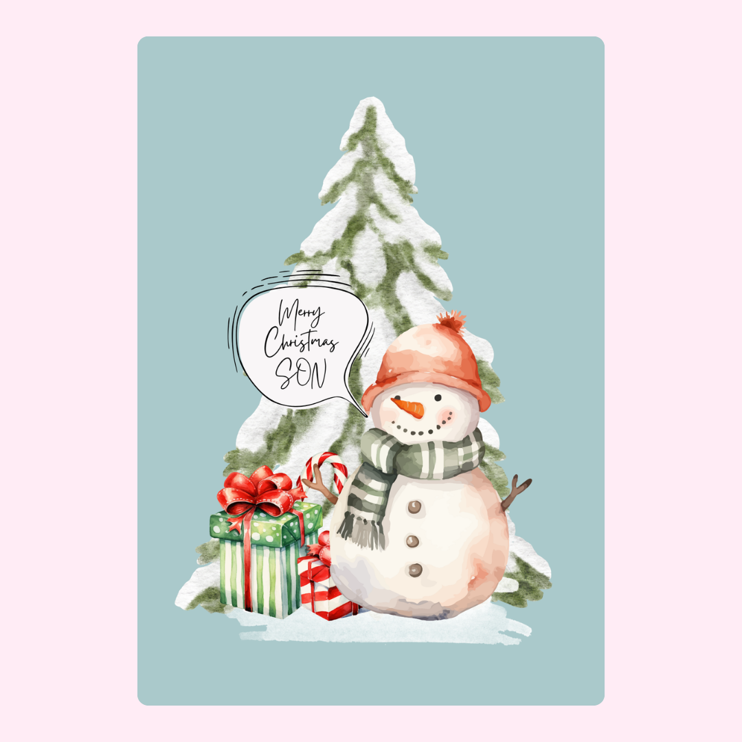 Christmas card for son with snowman and gifts.