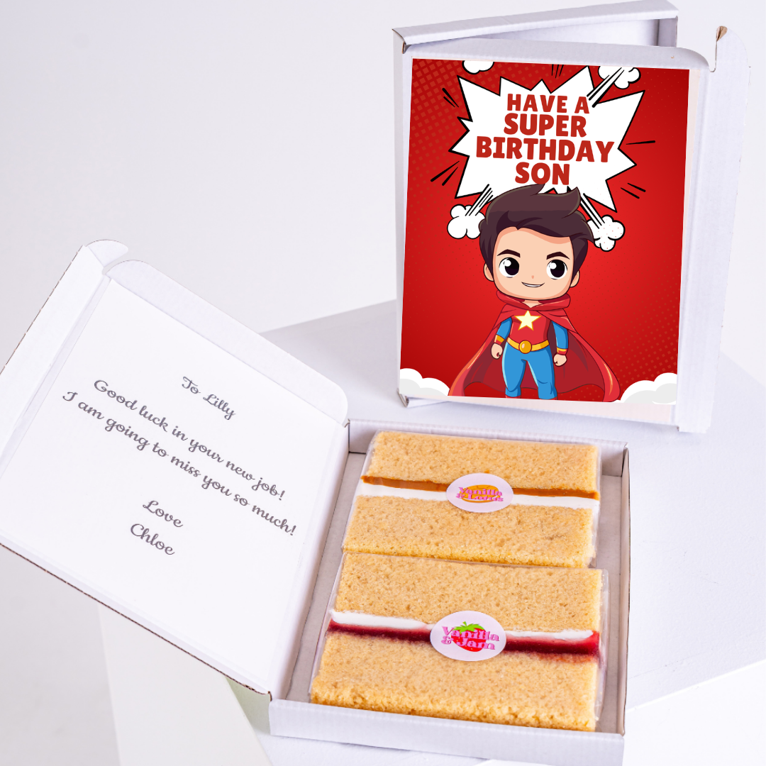 Birthday gift box for son with card and cake