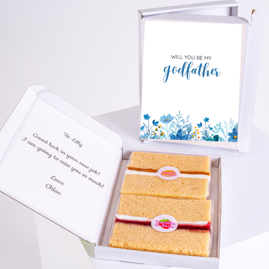 Godfather proposal gift box with cake and Will You Be My Godfather card