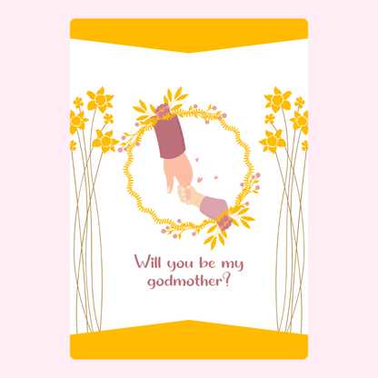 Godmother proposal card with hands and flowers.