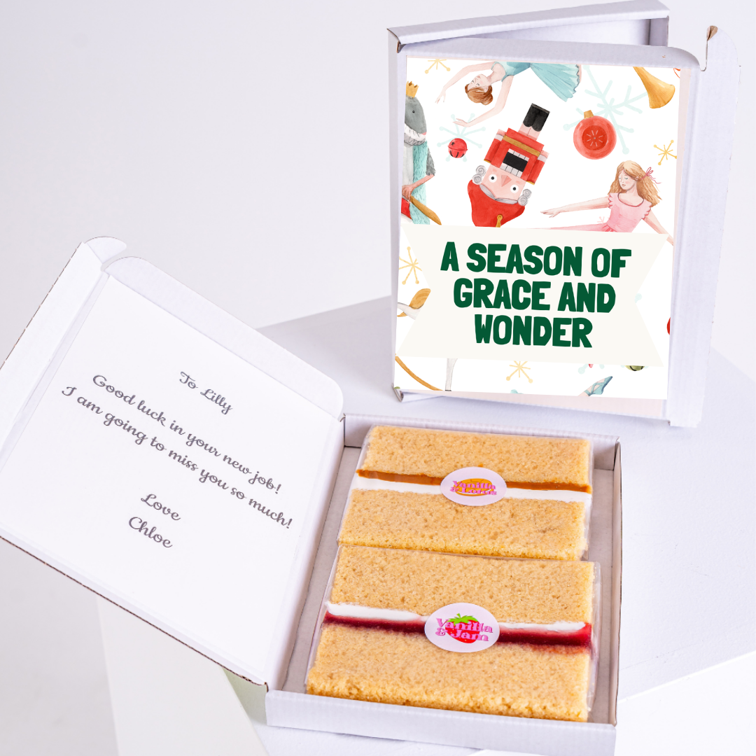 Gift box with cake and A Season of Grace and Wonder message, good luck card.