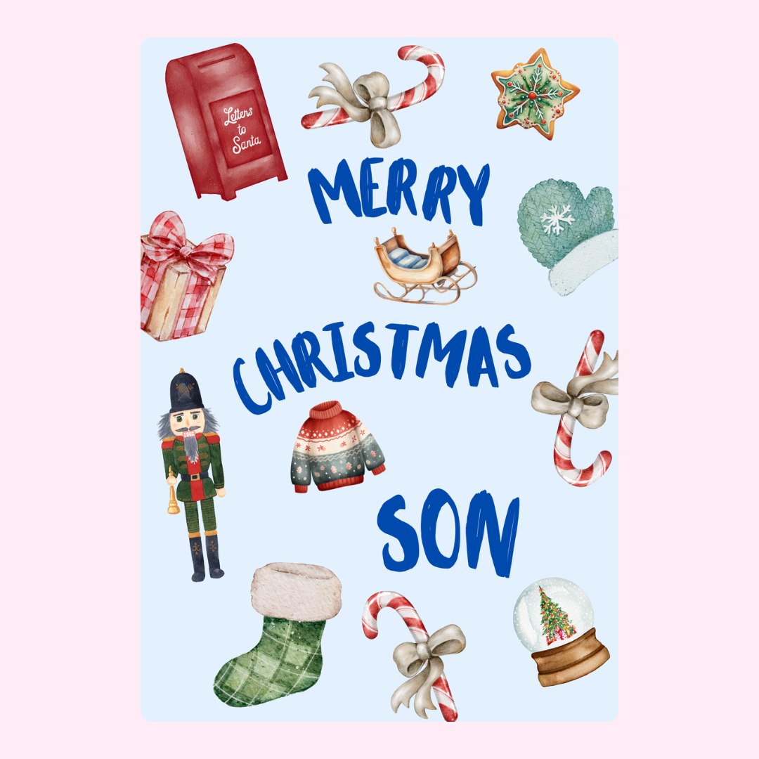 Merry Christmas Son card with festive illustrations