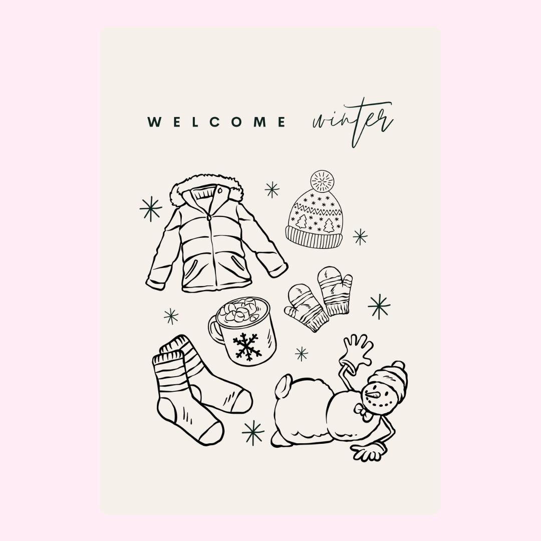 Welcome Winter design with winter clothing and snowman.