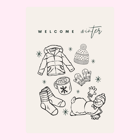 Welcome Winter design with winter clothing and snowman.