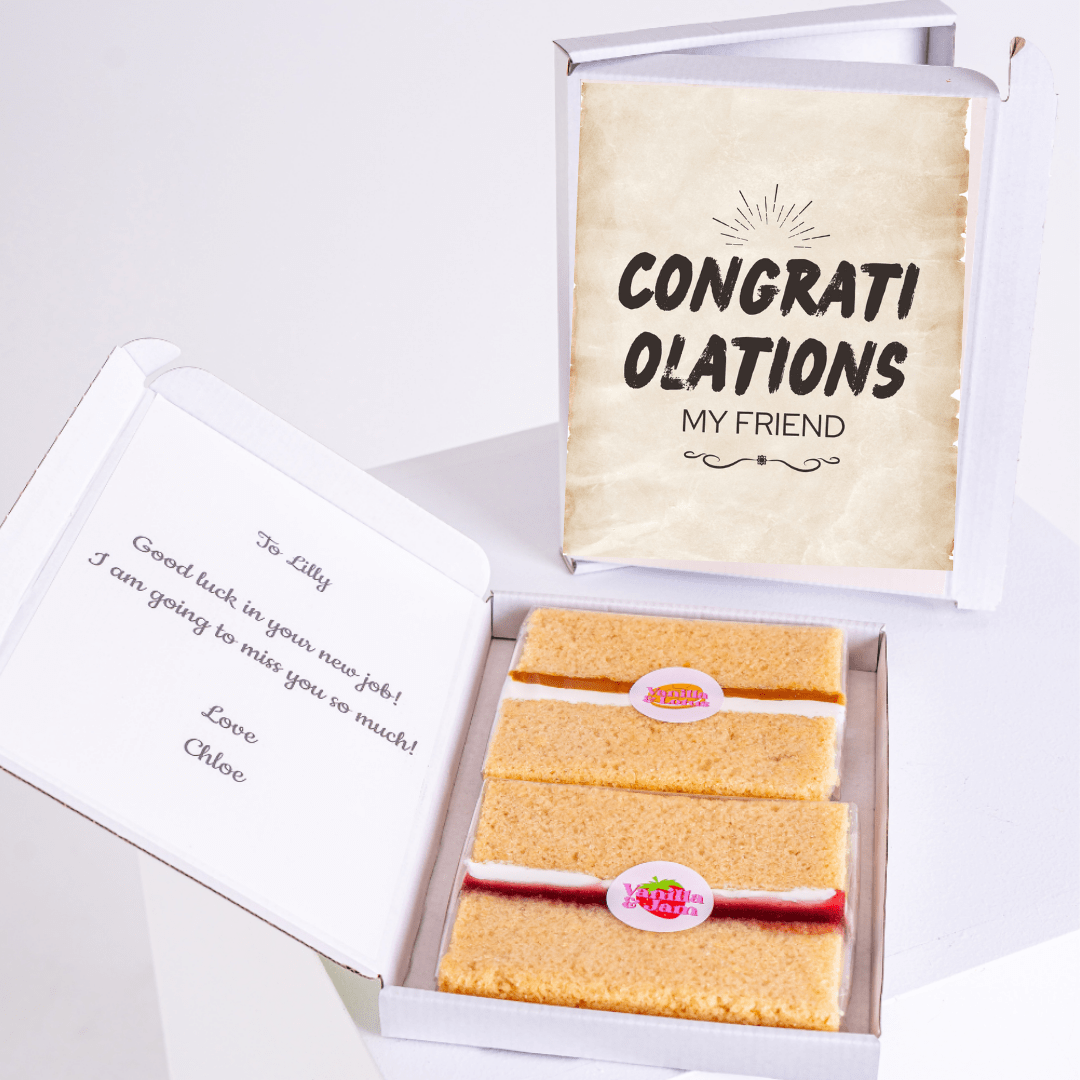Cake gift box with Congratulations message and a note to Lilly.