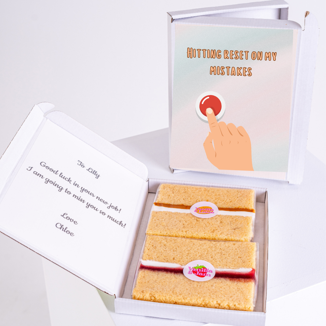 Cake gift box with Hitting Reset card & goodbye message for Lilly.