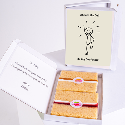 Gift box with cake, card says Answer the Call, Be My Godfather
