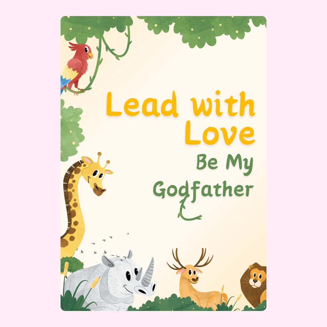 Lead with Love Godfather invitation with animal illustrations