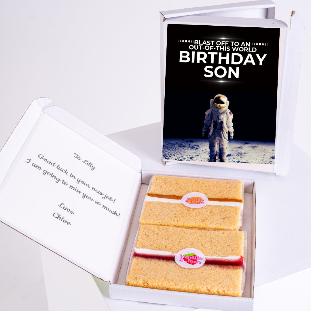 Birthday gift box with cake and card for son.