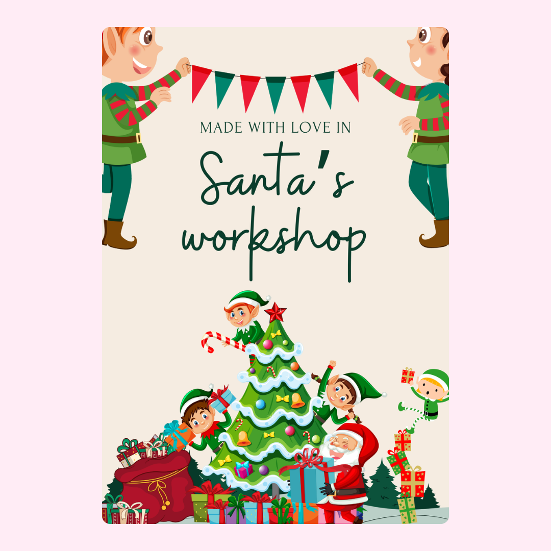 Santa's workshop design with elves, Christmas tree, and gifts.