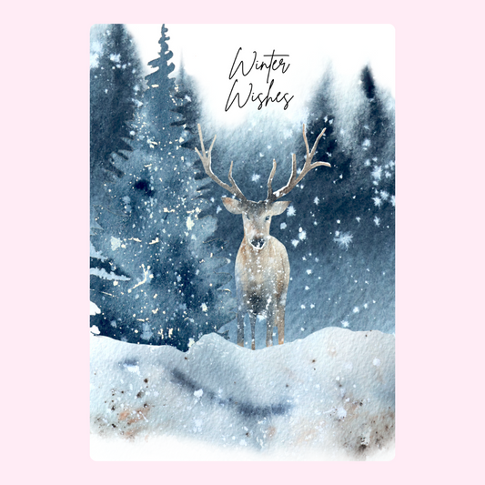 Winter Wishes card with deer in snowy forest