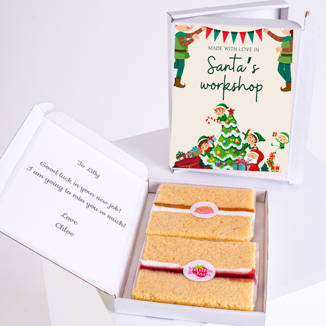 Gift box with cake and Santa's Workshop design, for Lilly.