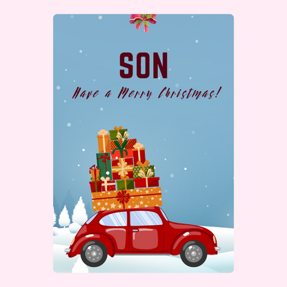 Christmas card for son with car and gifts.