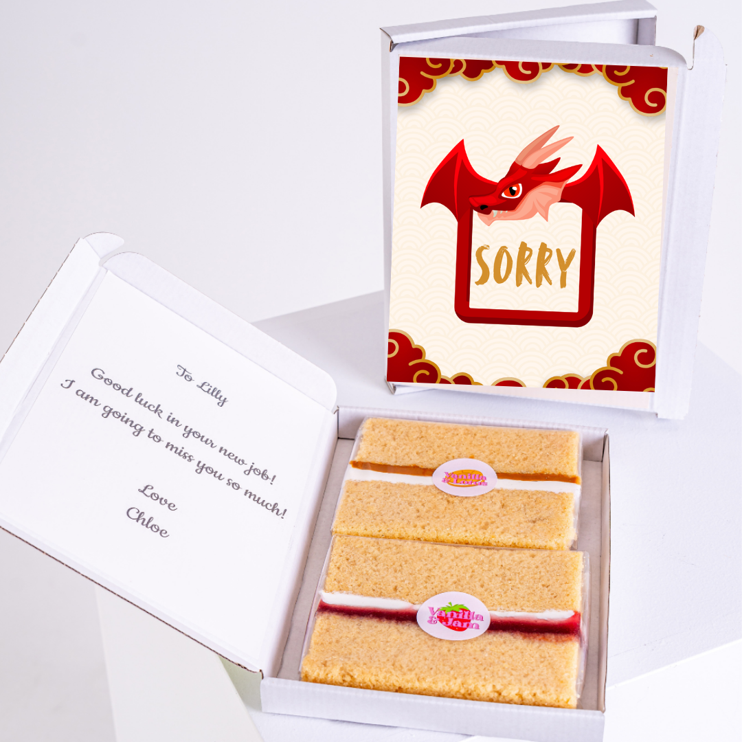 Sorry cake box gift for Lilly with dragon card