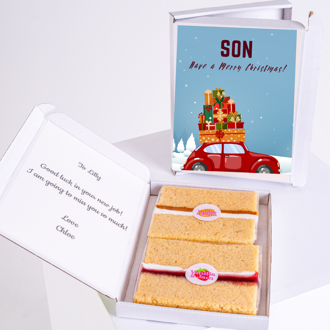 Christmas gift box for Son with cake and well wishes.