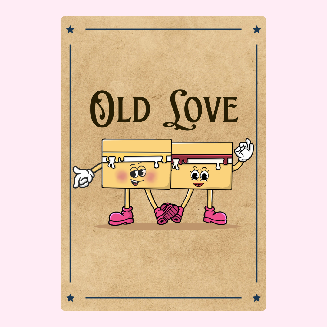 Old Love card design with two boxes holding hands