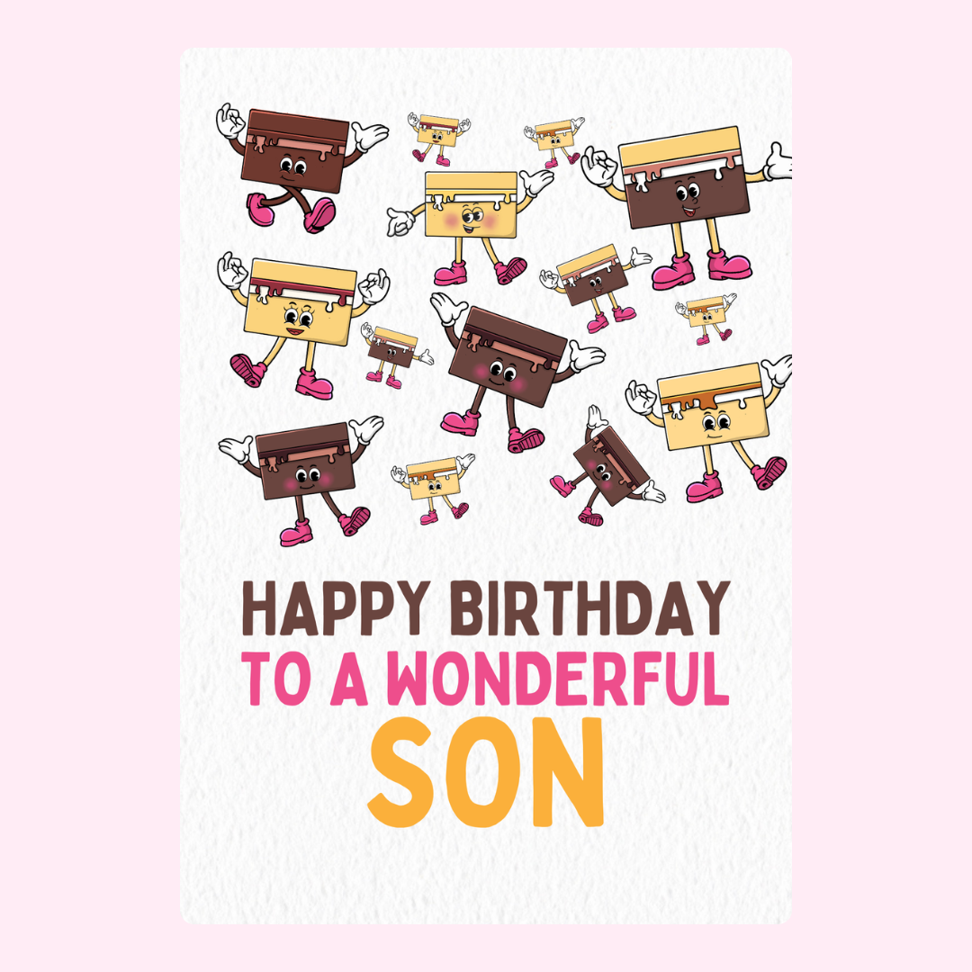 Happy Birthday Son card with animated gift boxes.
