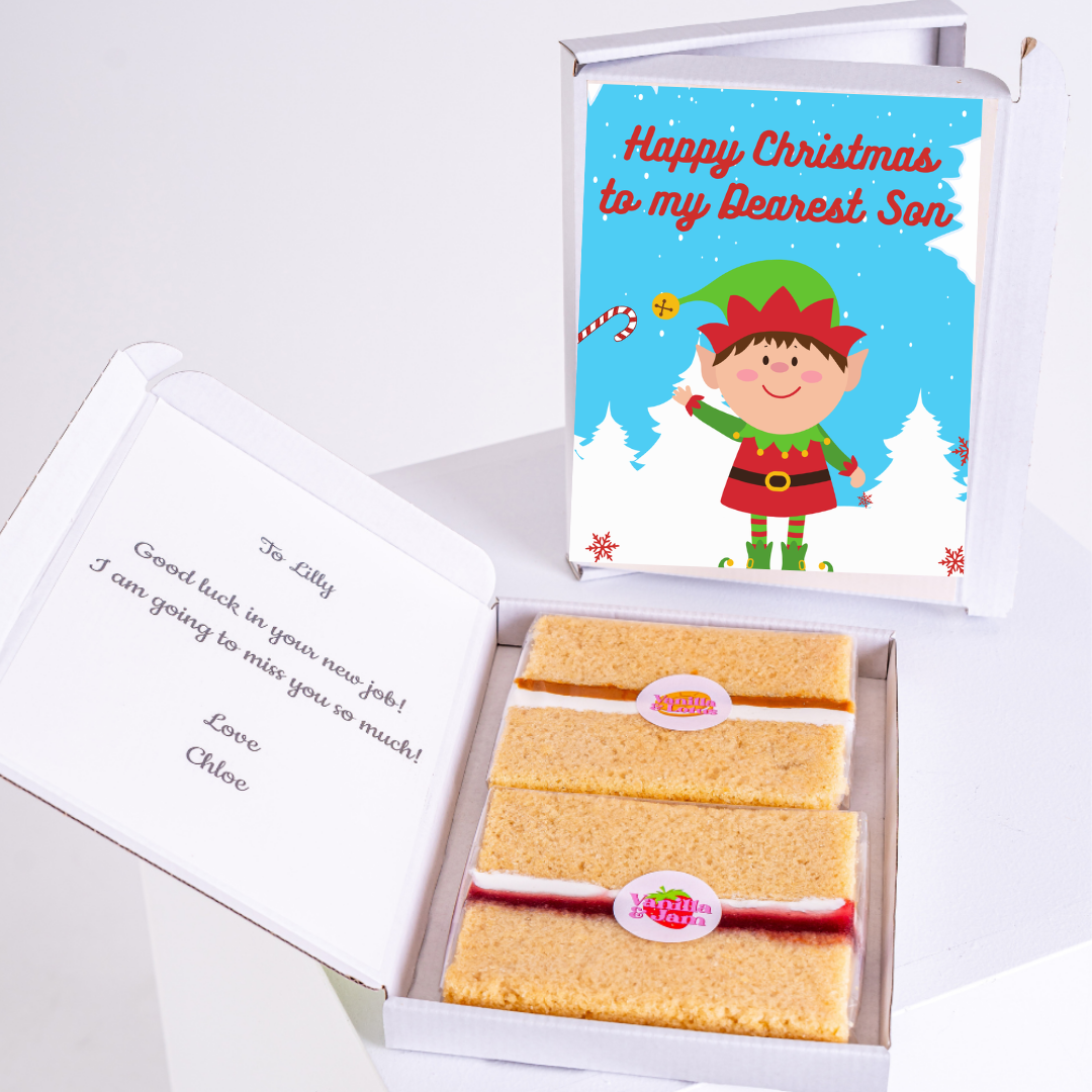 Christmas gift box with cake and card for son.