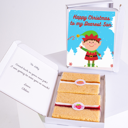 Christmas gift box with cake and card for son.