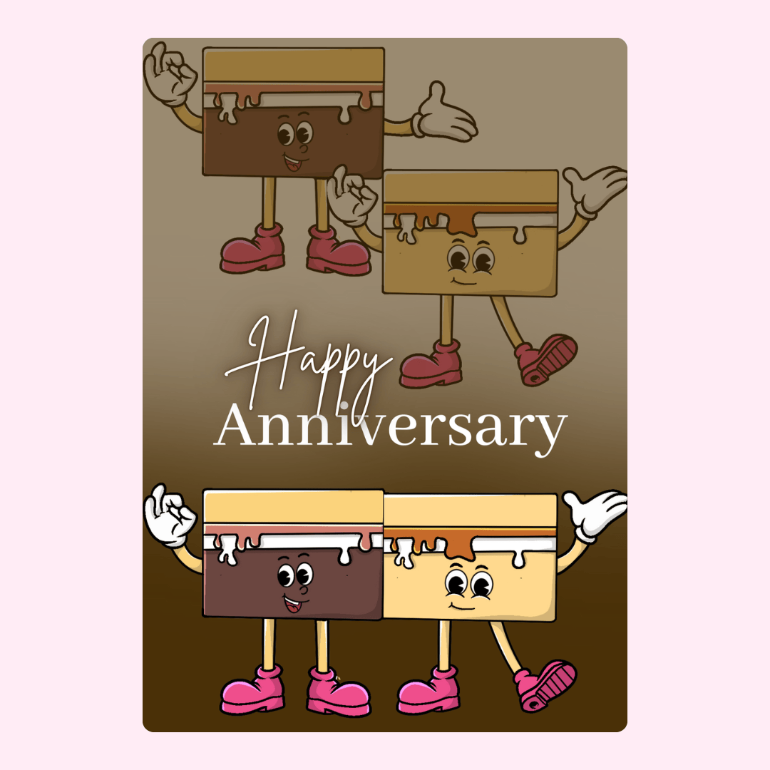 Happy Anniversary card featuring cartoon desserts.